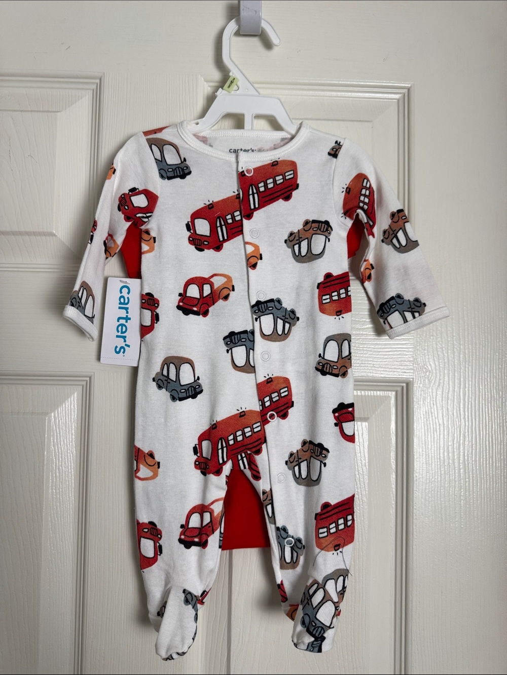 Carter's White Footed One-Piece with Red and Gray Vehicle Print 3 months
